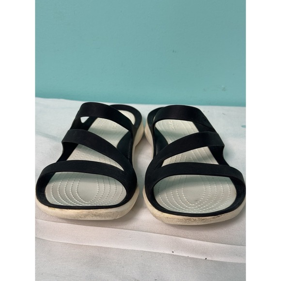 Crocs Swiftwater White Black Strappy Slide Sandals Womens Size 7 Iconic Slip‎ On - Picture 1 of 7